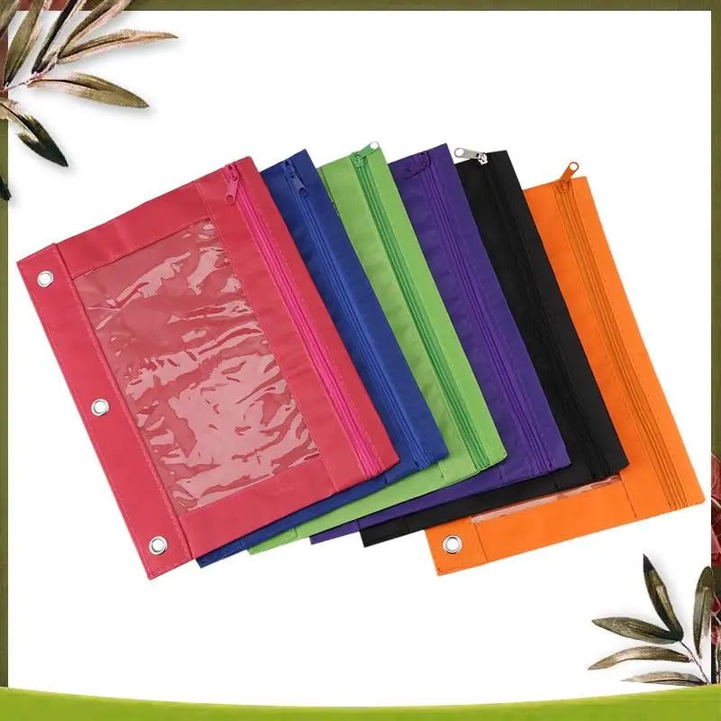 حقيبة أقلام رصاص جديدة مكونة من 6 قطع مع فتحات وأكياس بسحاب 3 حلقات مع نافذة شفافة (6 ألوان)