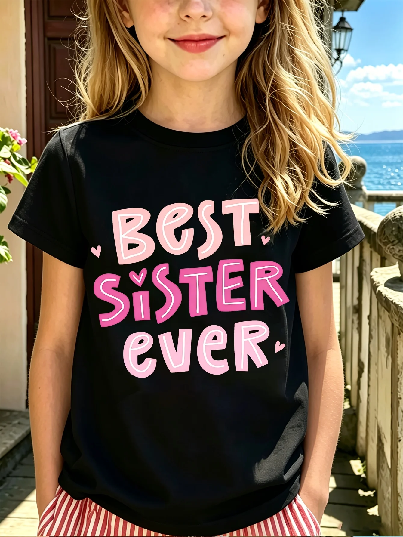 Family Matching T Shirt Cute Best Sister Ever Heart Letter Graphic Print Short Sleeve Cotton Tee For Kids Girls Daily Wear