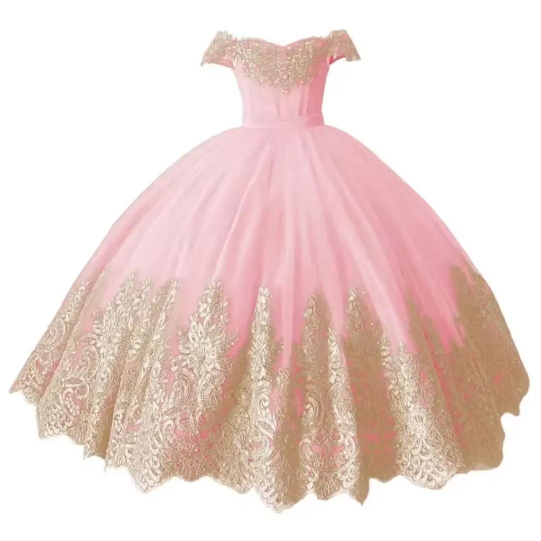 Vestido de niña de flores con hombros descubiertos y lazo lujoso bordado dorado rojo rosa para niños fiestas de cumpleaños bodas Banqu