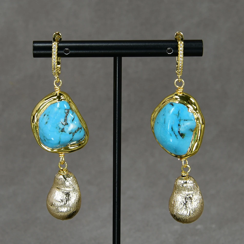 

GG Blue Turquoise Freeform Shape Gold Plated Brushed Bead Hook Earrings Lady Jewelry Gifts