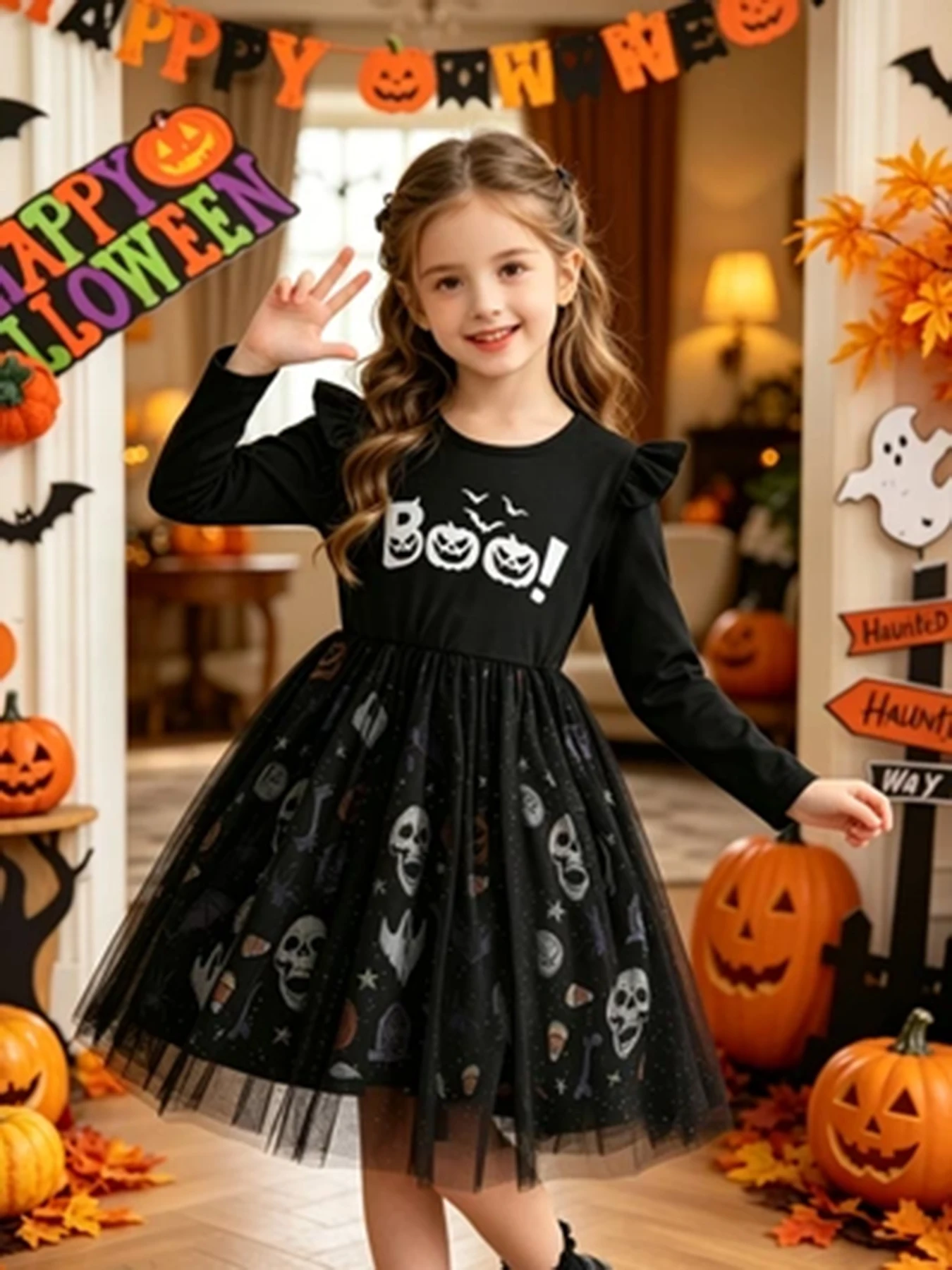 Langärmeliges Halloween-Kleid für Mädchen, Tüll-Prinzessinnenkleid mit Totenkopf- und Kürbis-Print, Kinder-Party- und Aufführungskostüm – Detail 4