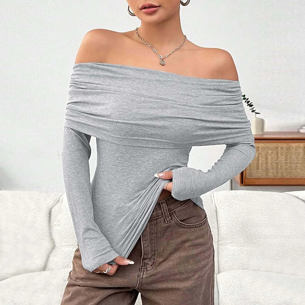 Elegant One-word Collar Royal Sister Style Women's Clothing Top New Fashion Autumn and Winter T-shirt Off The Shoulder Sexy Slim