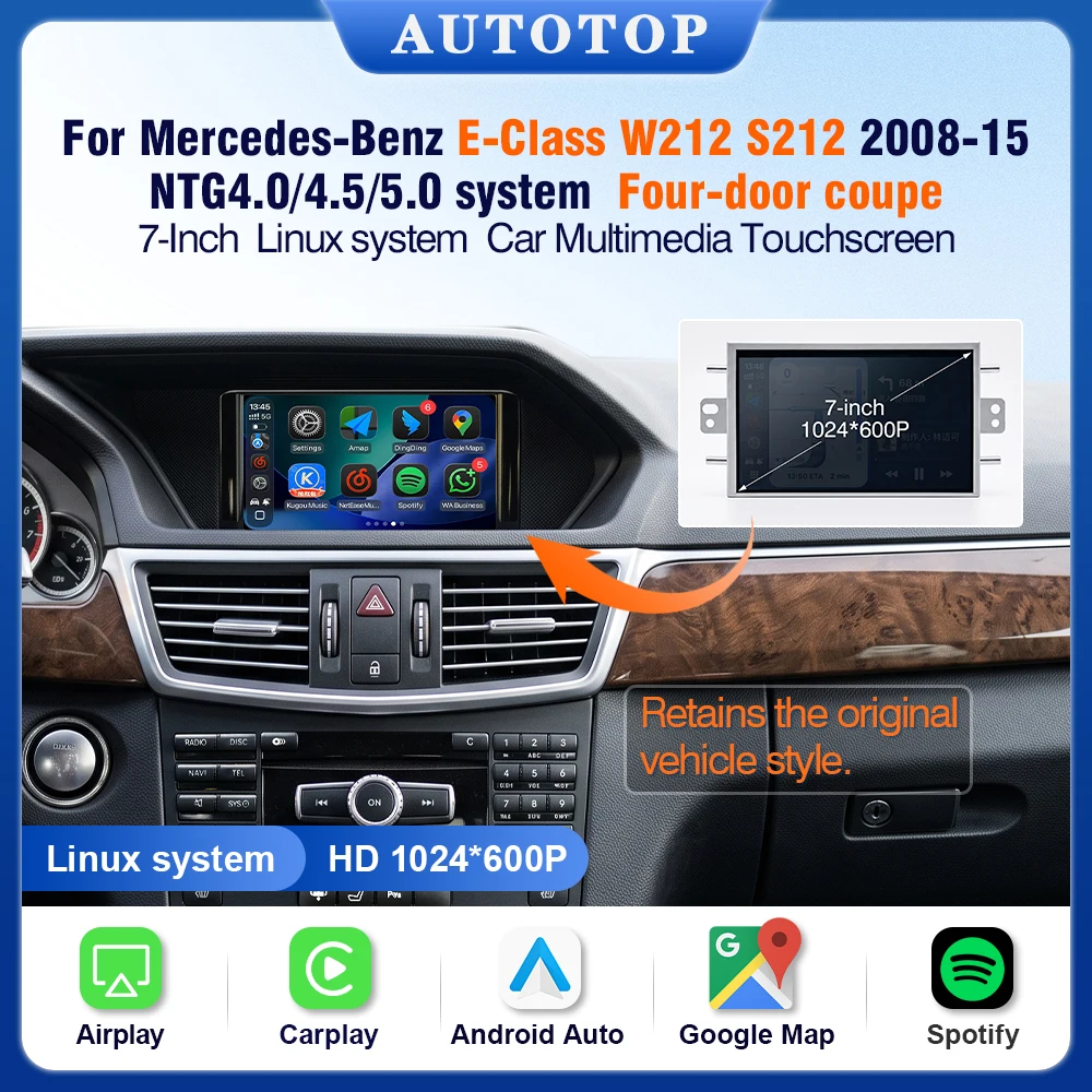Écran tactile AUTOTOP 7 pouces pour Mercedes-Benz Classe E W212 S212 Berline et Break 2009-2016 NTG4.0 4.5 5.0, conserve la conception intérieure d'origine, affichage en temps réel de la vitesse et du régime moteur, CarPlay sans fil, Android Auto, AirPlay, radio GPS Linux, caméra de recul