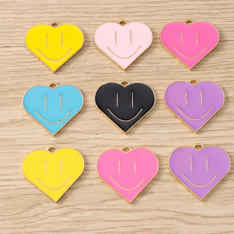 10pcs 26x25mm Cute Enamel Smile Face Love Heart Charms Pendants for Jewelry Making Necklaces Earrings Bracelets DIY Crafts Gifts