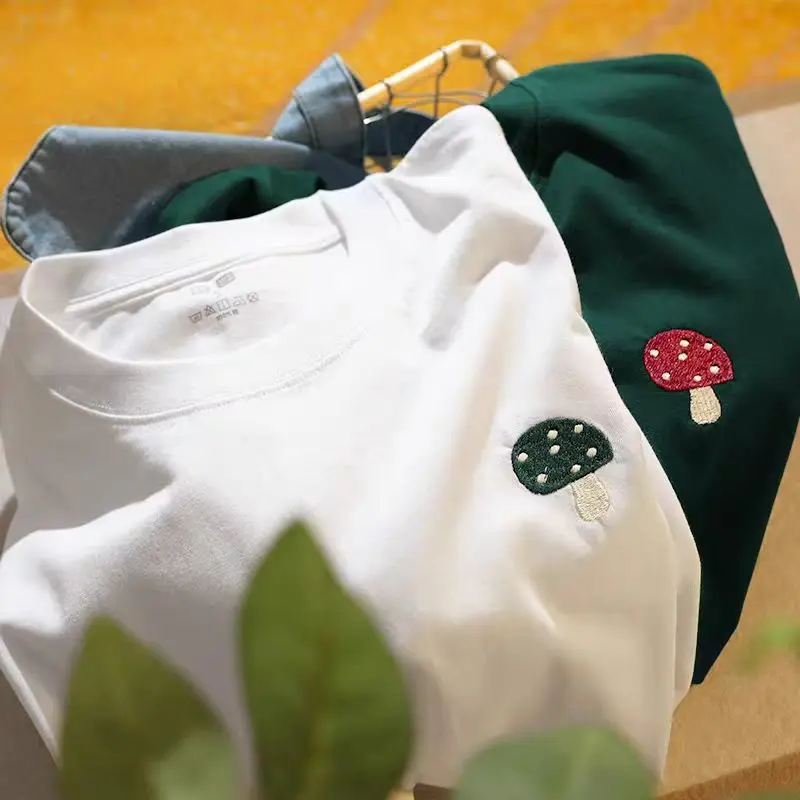 Men Women Mushroom Embroidered T-shitt Tee Unisex Forest Green Cotton Short Sleeve Casual Crew Neck Top Summer Amanita Shirt