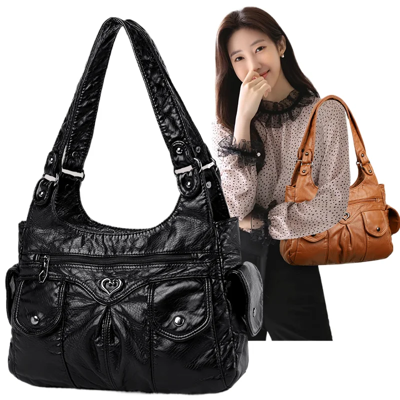 

2024 New Vintage Soft Leather Simple and Versatile Tote Bag Single Shoulder Handbag Multi compartment Casual Women's Mom Bag