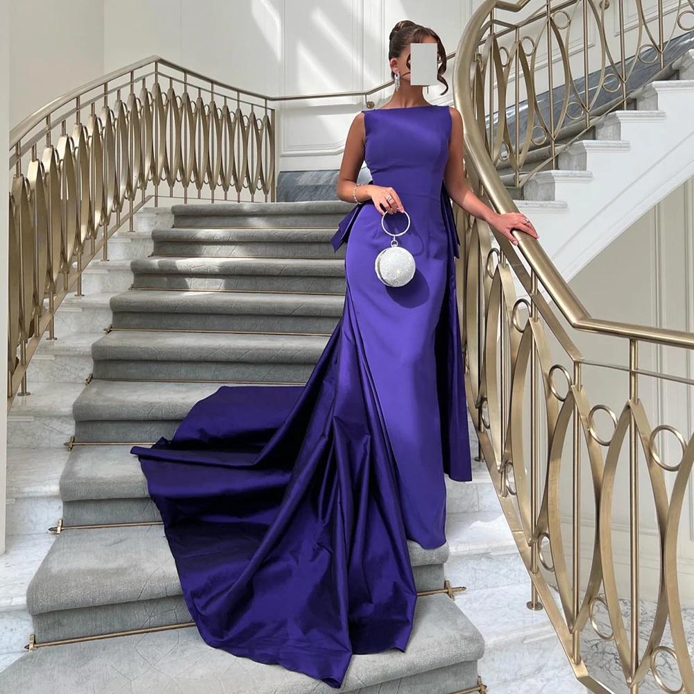 Purple Straight Sleeveless Satin Boat Neck Floor Length Saudi Evening Dresses Elegant Panel Train Pleats Party Gowns Modern 2024