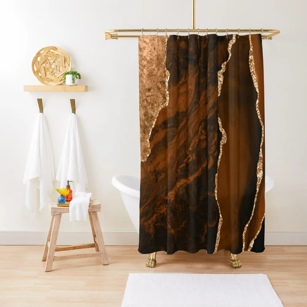Cortina de ducha con diseño de ágata geoda moderna, color marrón Chocolate abstracto y dorado, cubierta, accesorios de baño modernos, cortina