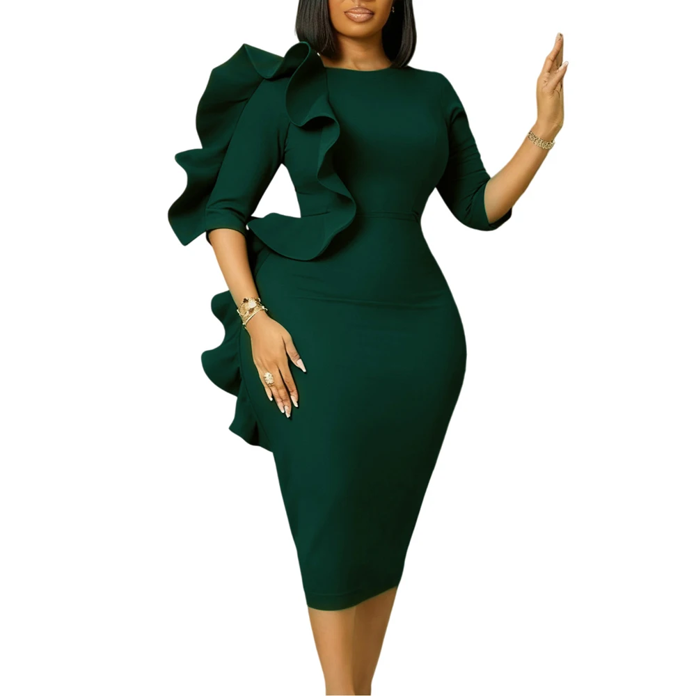 Neueste trendige Design Frühling Kleider Frauen Casual Dame elegante O-Ausschnitt 3-Viertel-Ärmel Rüschen afrikanisches Kleid für Frauen Kleidung – Detail 3