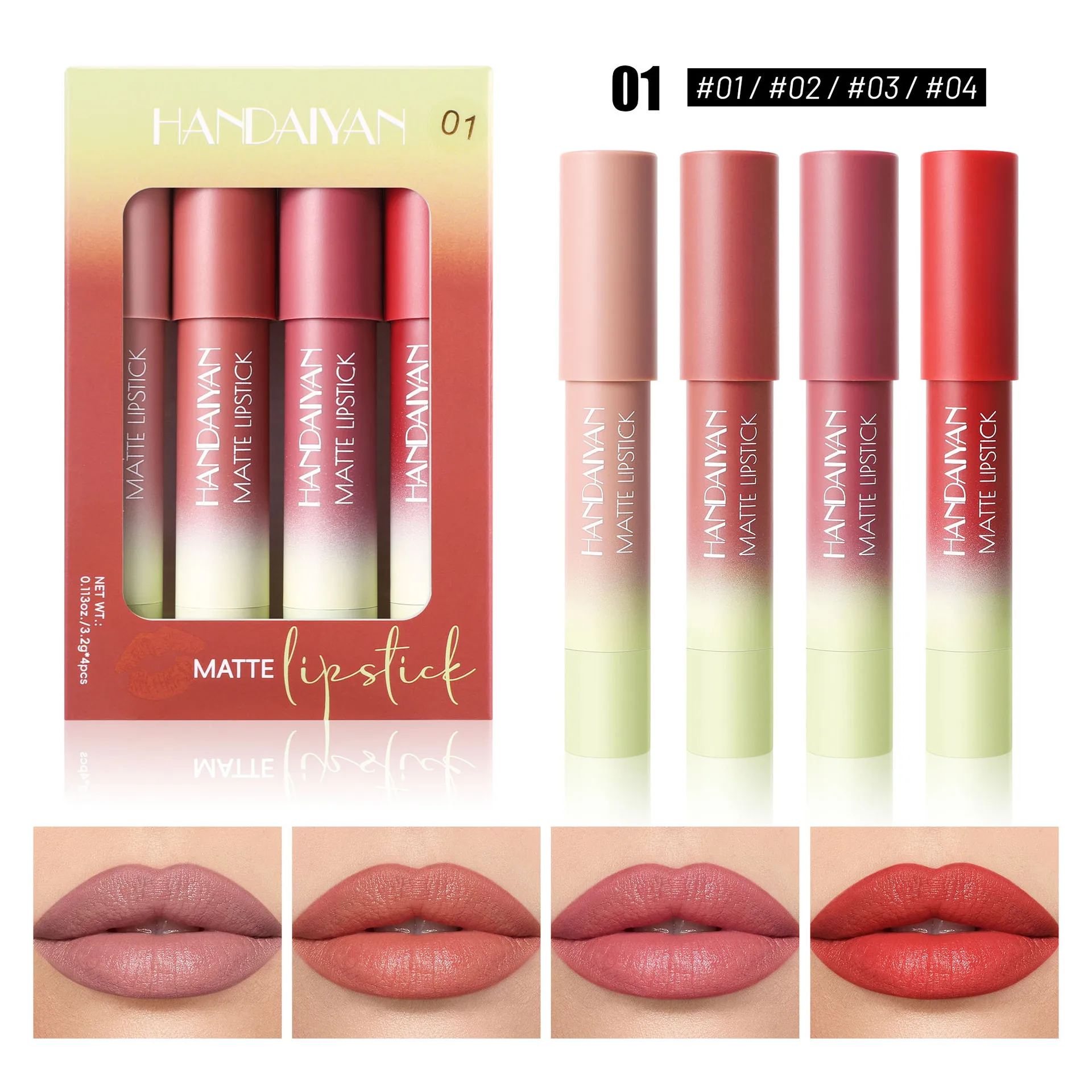 4-delige lipliner- en lippenstiftkrijtset, waterdichte matte overdrachtbestendige formule, definieert lippen en verbetert de teint