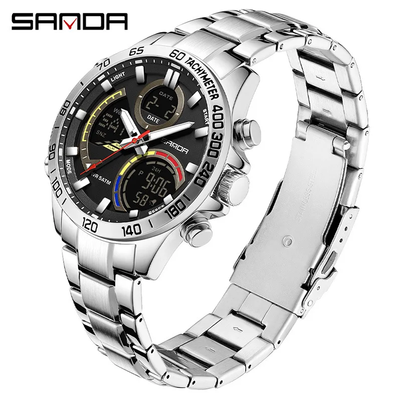 SANDA 6269 Dual Display Electronic Watch Men's Dual Movement 5ATM Waterproof Night Light Three Ground Time Student Sports Watch