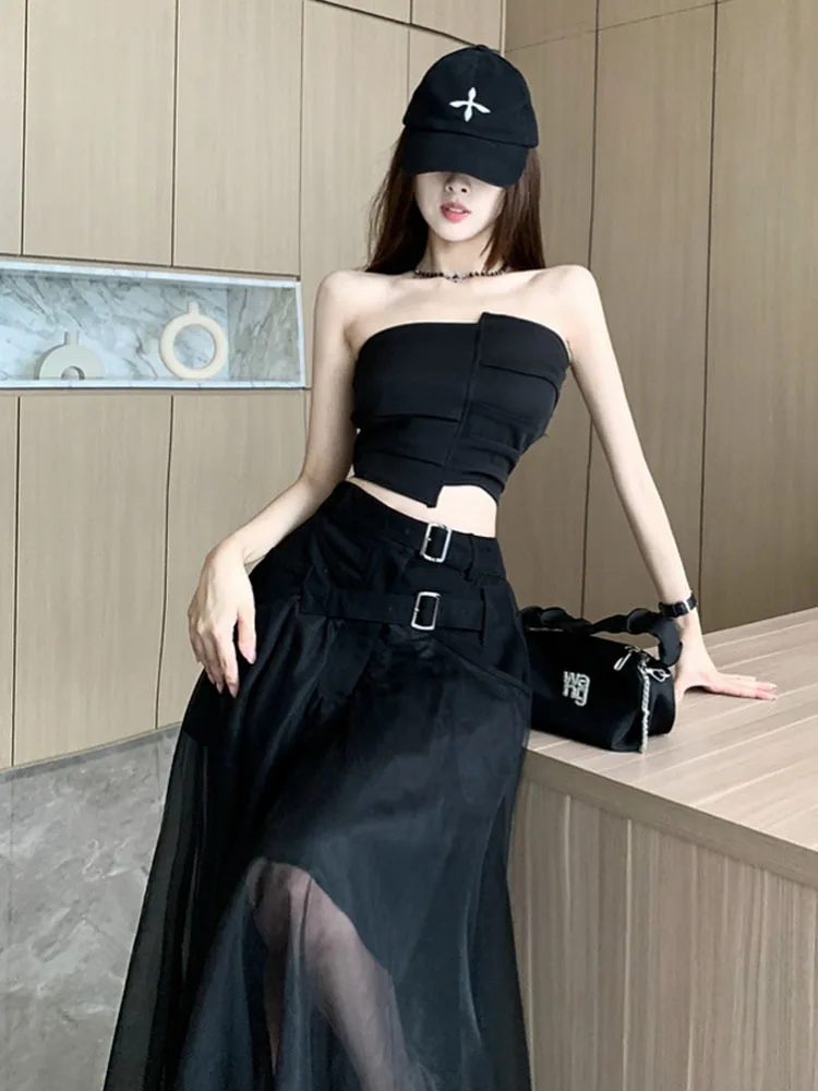 Patchwork Belt Mesh Skirts For Women High Waist Minimalist Summer Solid Skirt Female Fashion Style Clothing 2024