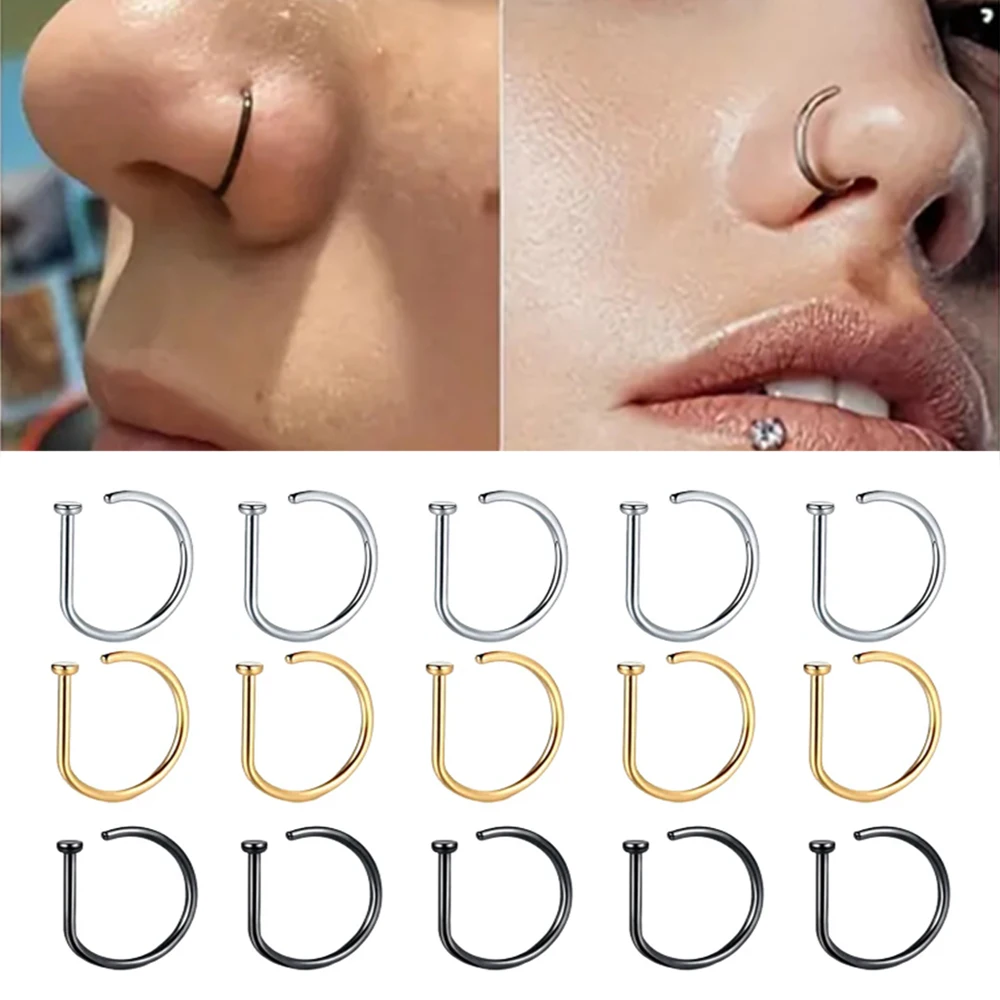 10 PCS 20G Nose Rings D-Shaped Chip on Surgical Steel Non Piercing Nose Tragus Cartilage Rings Piercing Jewelry