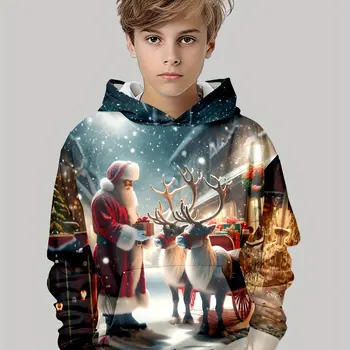 아동복 남아 후드티, 긴 소매 3D 크리스마스 프린트, 축제 분위기, 여아 의류, 용수철 가을 의류