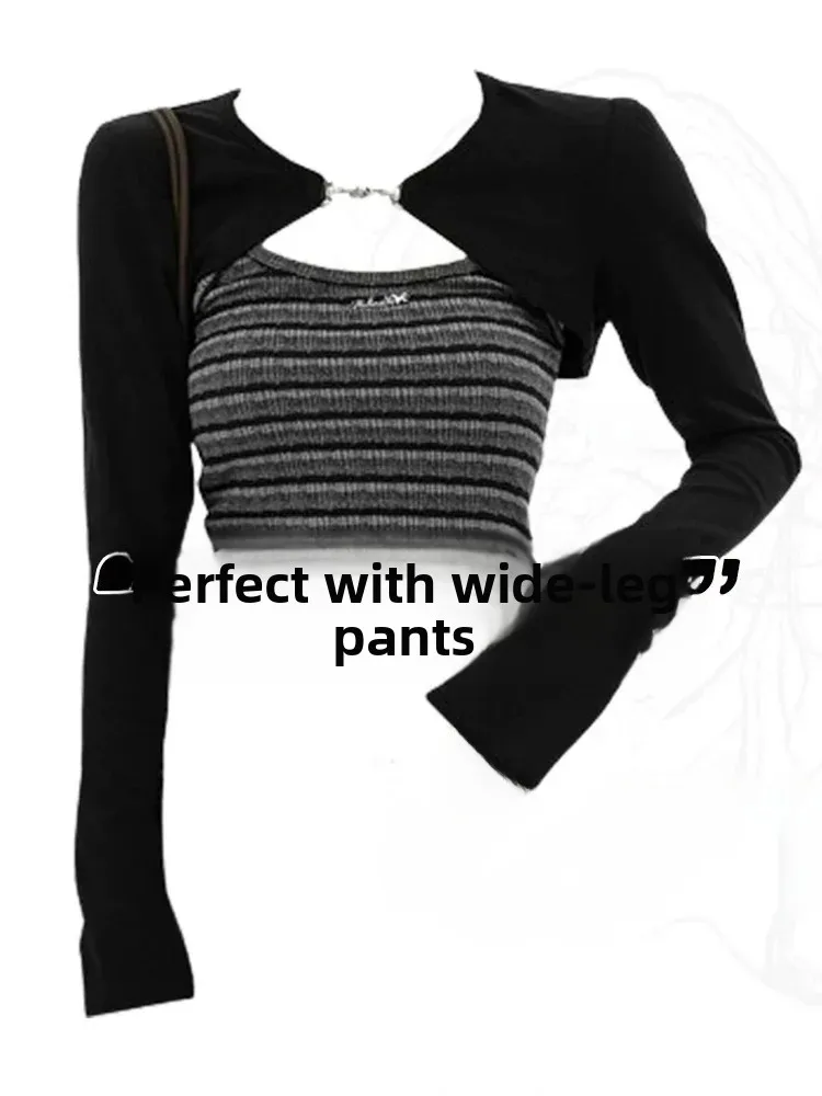 Black Long Sleeve Knitted Open Cardigan Women's Style Slim Fit Inner Wear Striped Tube Top Two-Piece Set Casual Fashion Autum...