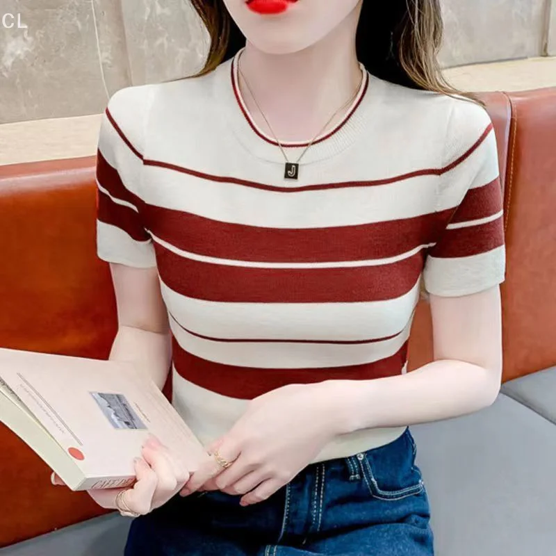 Summer Korean Striped Round Neck Short Sleeve Slim Knitted T-shirt For Women