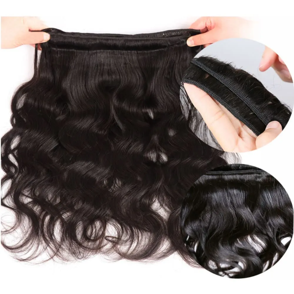 Mèches Brésiliennes Naturelles Body Wave avec Lace Closure, Extensions de Cheveux Humains, Noir Naturel, 13x4, 28/30 Aman, 3 Lots