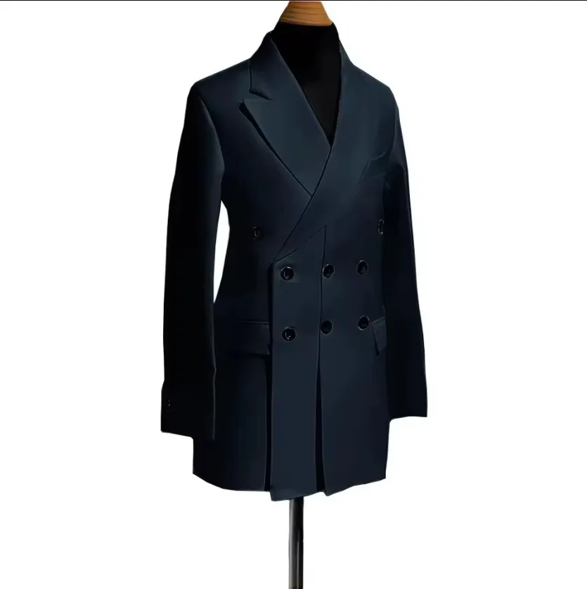 Three Breasted Groomsmen Navy Blue Groom Tuxedos Peak Lapel Men Suits Wedding 2 Piceces ( Jacket + Pants + Bow Tie ) D513