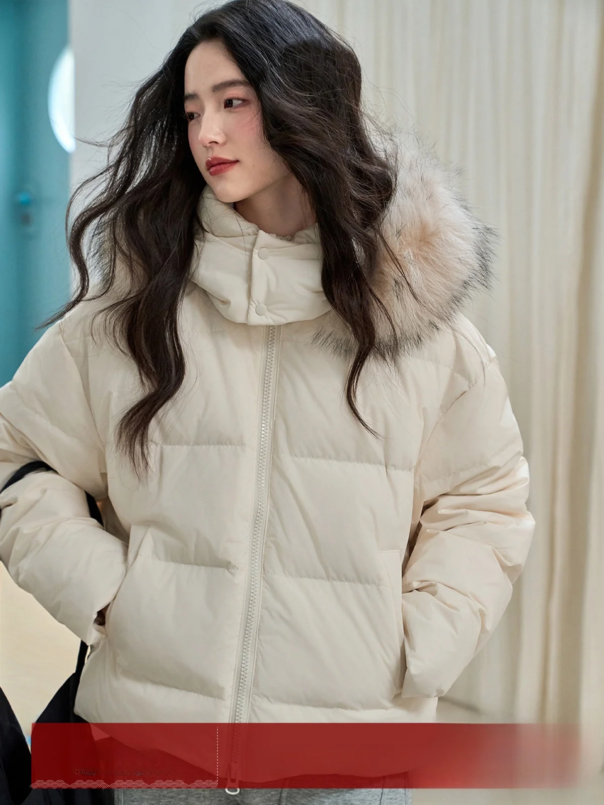 

MoZa Thiened ort down Jaet Hooded White Du Feather Collar Autumn Winter Warm Outerwear Women's Zipper Coat