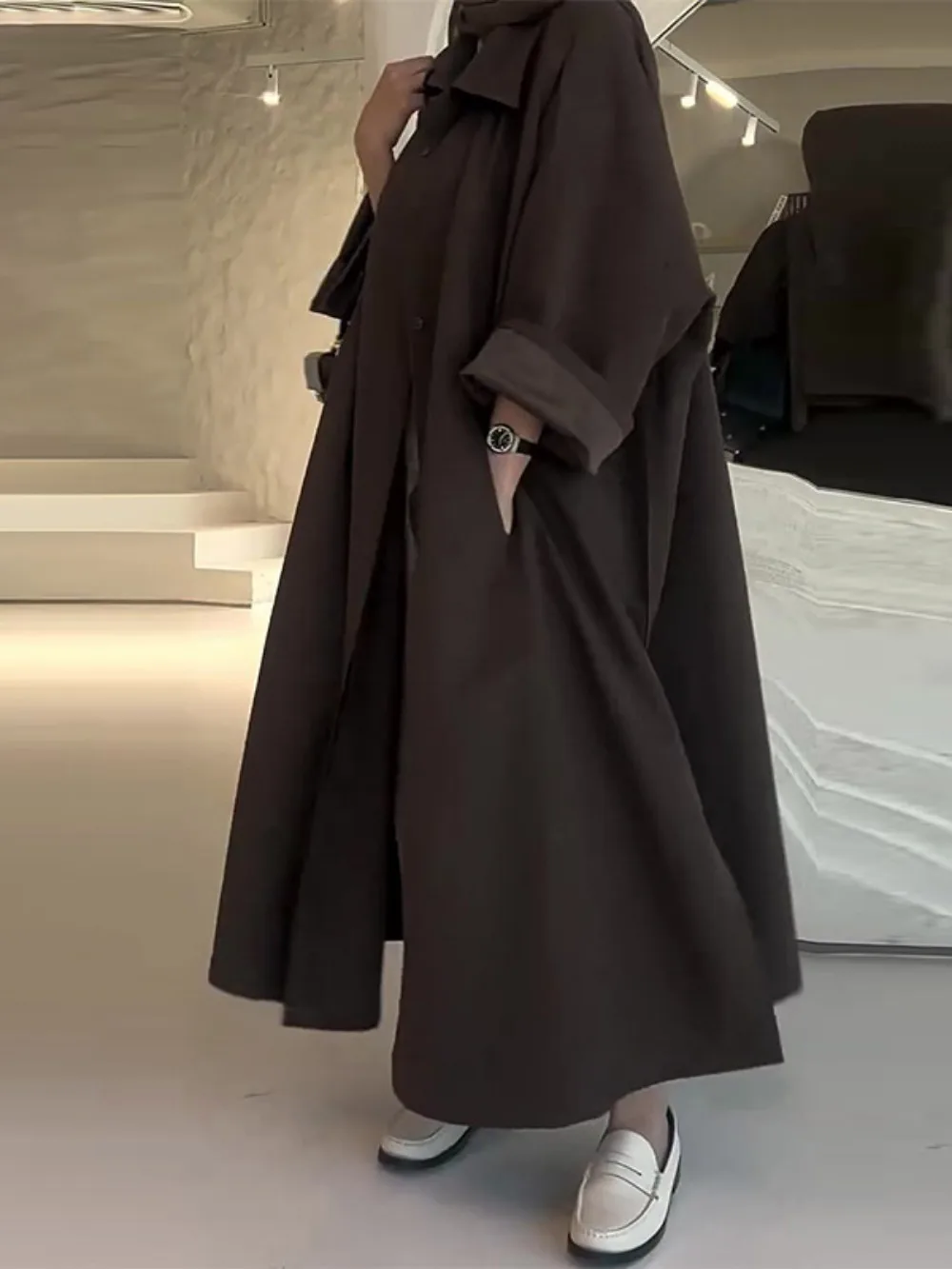 Eid มุสลิมผู้หญิง Abaya Trench Coat Single Breasted Lapel Overcoat Ramadan โมร็อกโกดูไบ Windbreaker อาหรับลําลองยาว