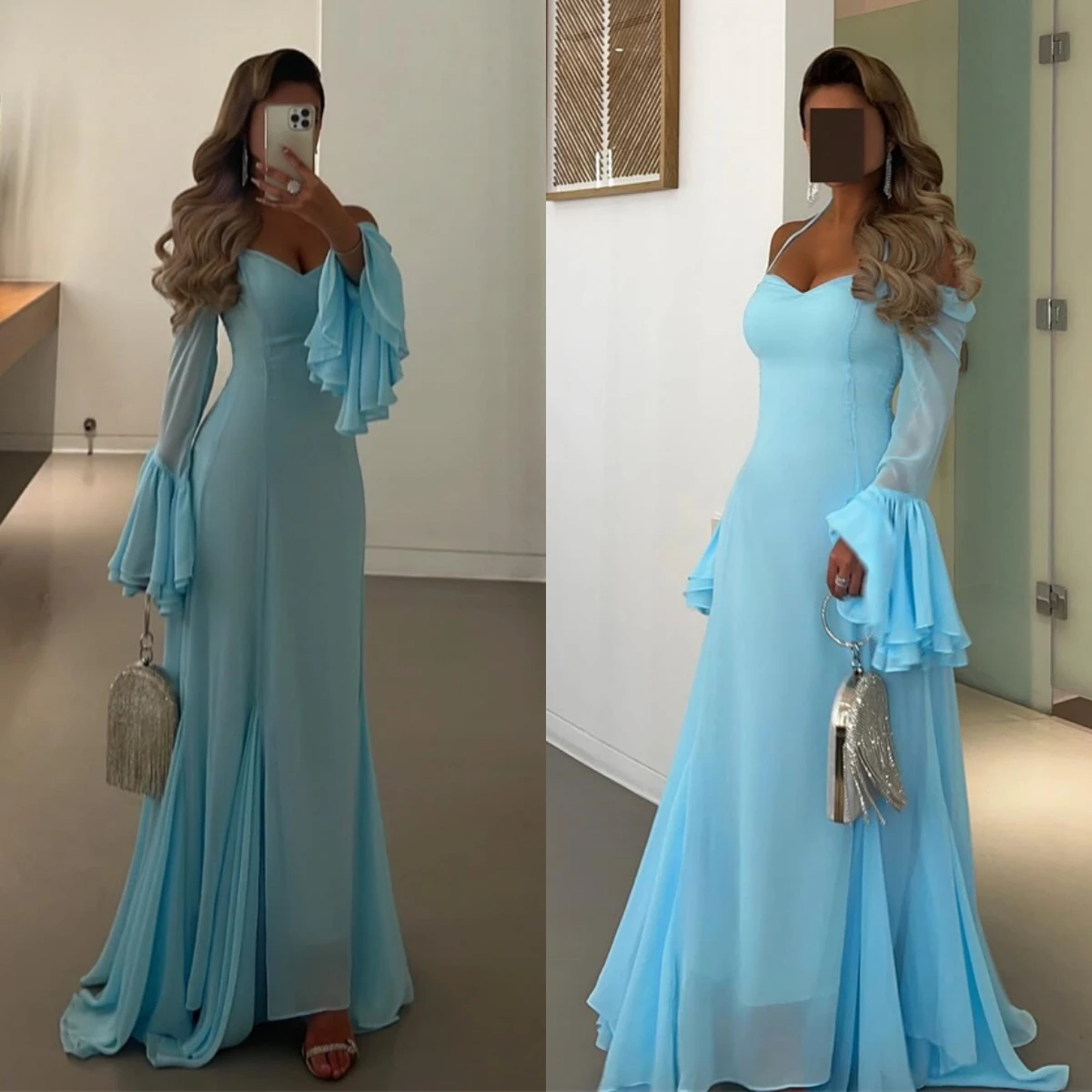 カスタマイズされたシンプルなブルーシフォンイブニングドレス気質セレブドレスオフショルダーストラップレス特別な日のドレス