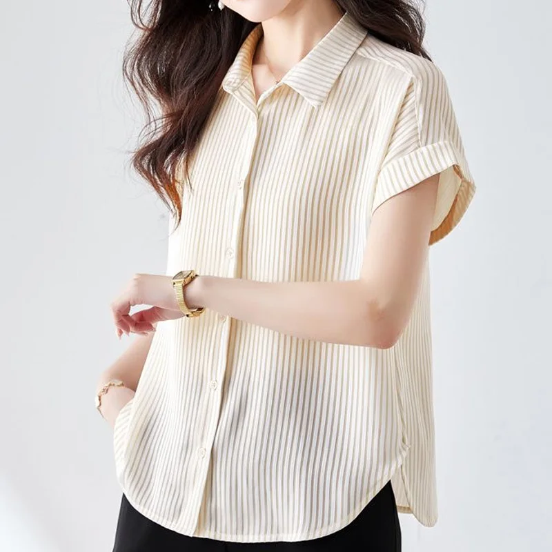 Office Lady Striped Casual Tops Turn-down Collar Ladies Simplicity Shirts Short Sleeve Blouses Summer Loose Women\'s Clothing