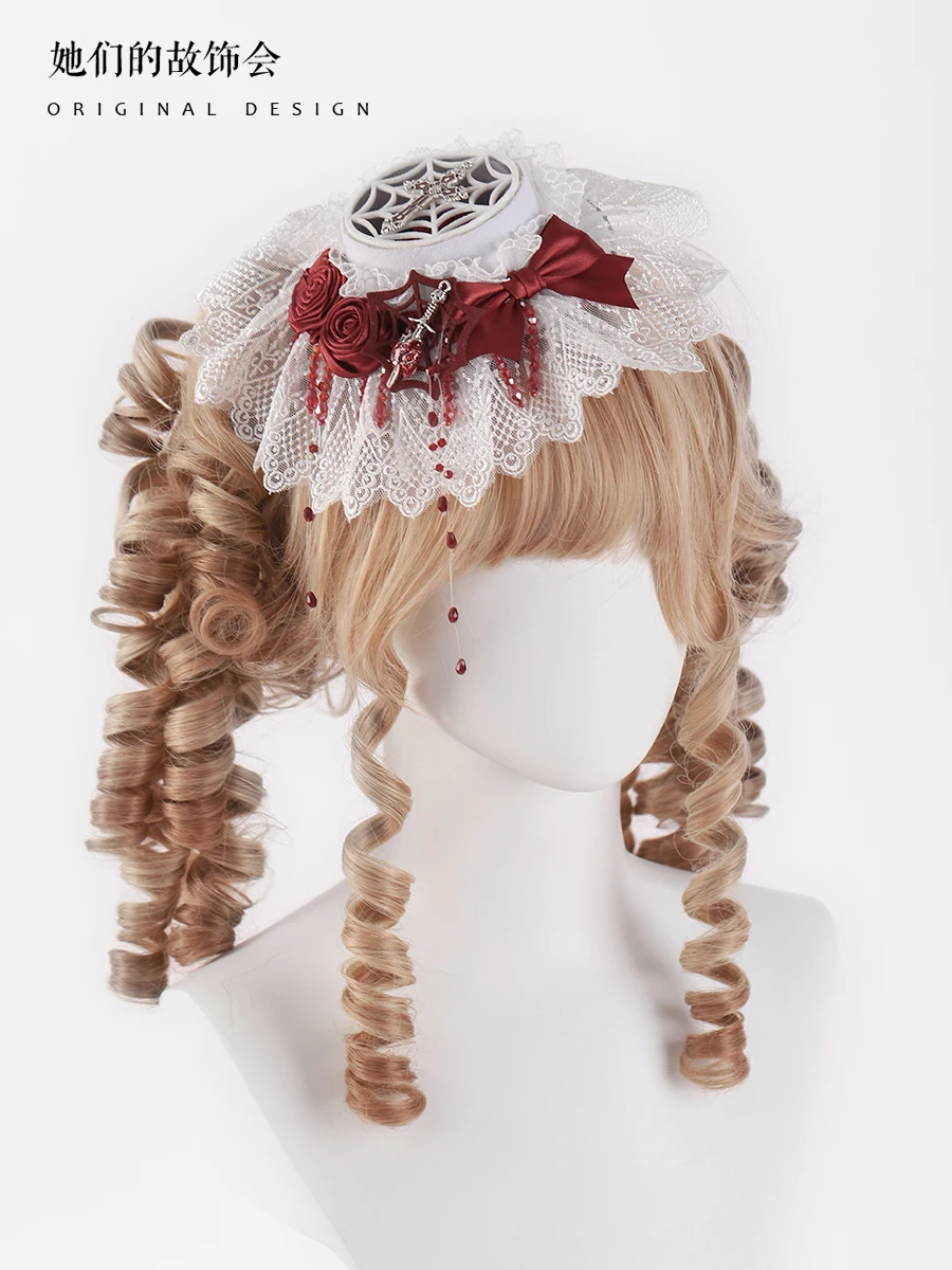 Lolita Hair accessories White Goth screw lace rose bow hair clip flat hat Moonlight holy sighing hand made kc hairband