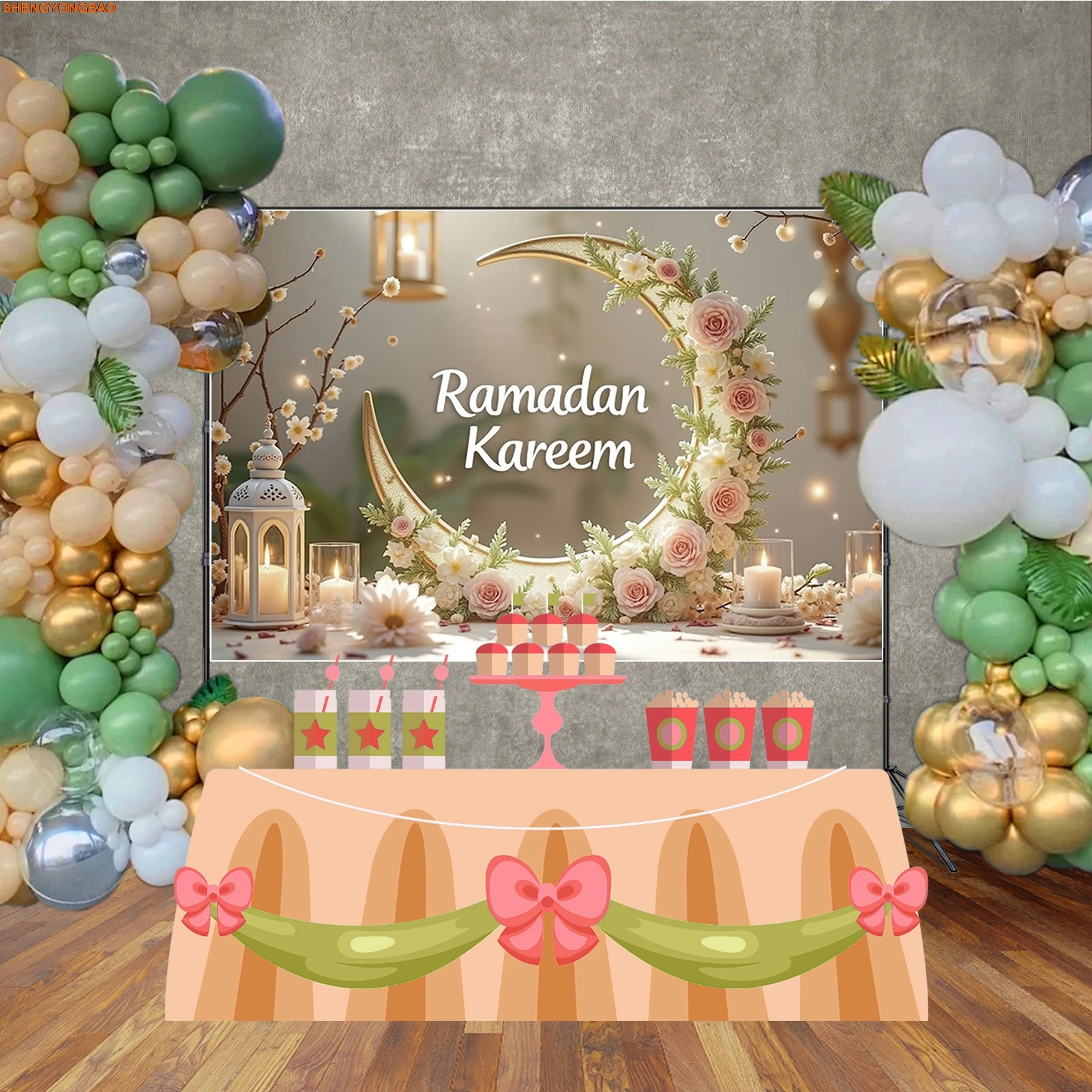 عيد الفطر خلفية التصوير الفوتوغرافي القمر الوردي الوردي الأبيض شمعة مهرجان خلفية راية استوديو الصورة