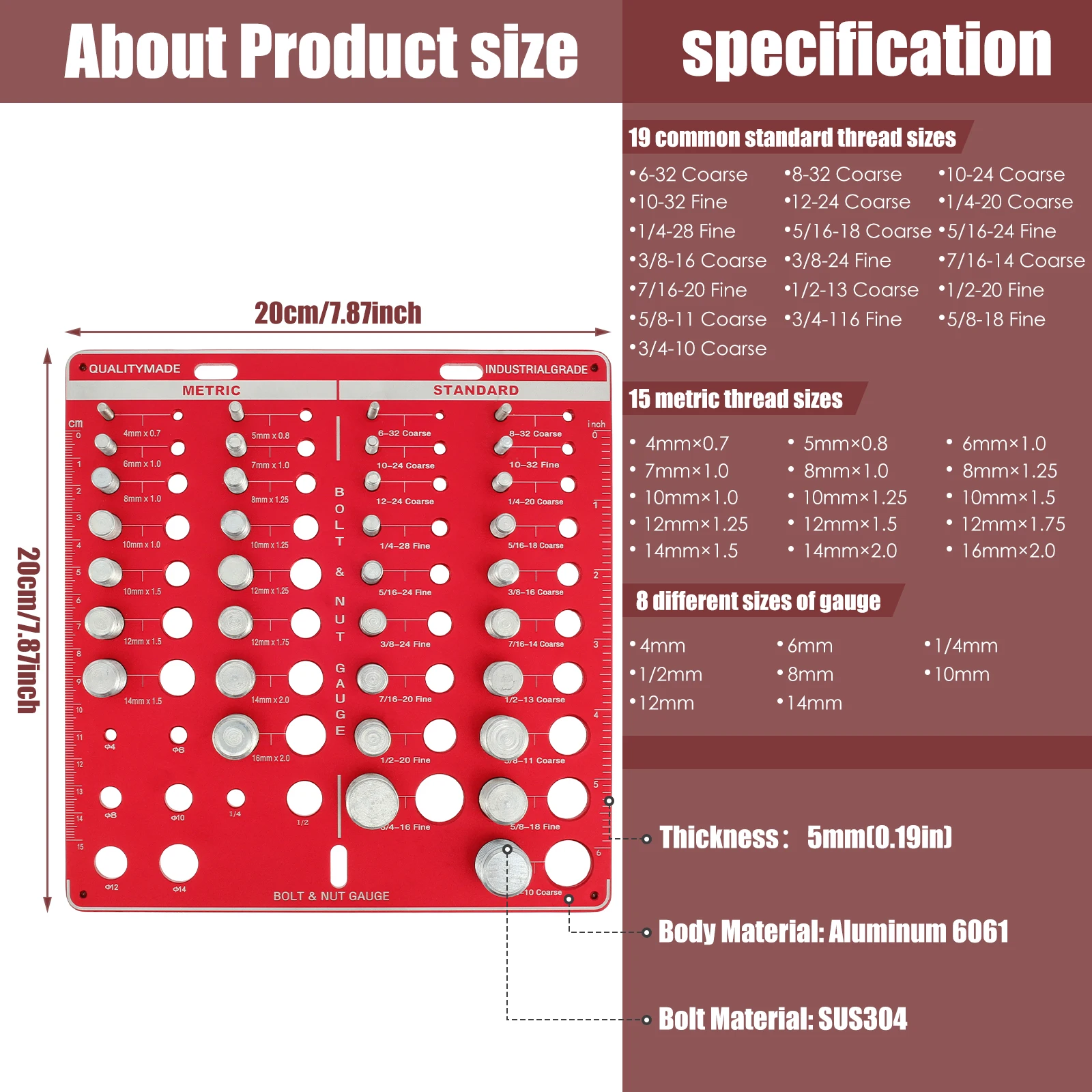 Bolt Thread Checker Portable Nut And Drill Bit Thread Checker Screws Measuring Imperials Tool ,Standard Metric Imperials Female
