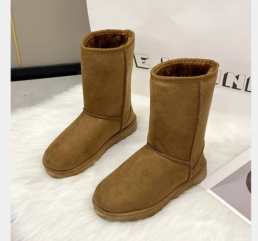 Four Color Womens Flat Bottomed Mid Heeled and Mid Heeled Boots Round Toe Sleeve Anti Slip and Warm Winter Suede Chimney Boots