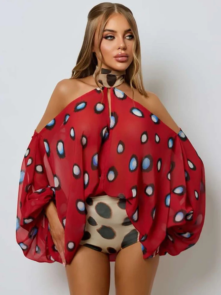 Weird Puss Dot Patchwork-Print-Playsuit + Kopftuch, Damen-Strampler mit Neckholder, schulterfreiem Rückenausschnitt und Laternenärmeln im Street-Fashion-Stil – Detail 16