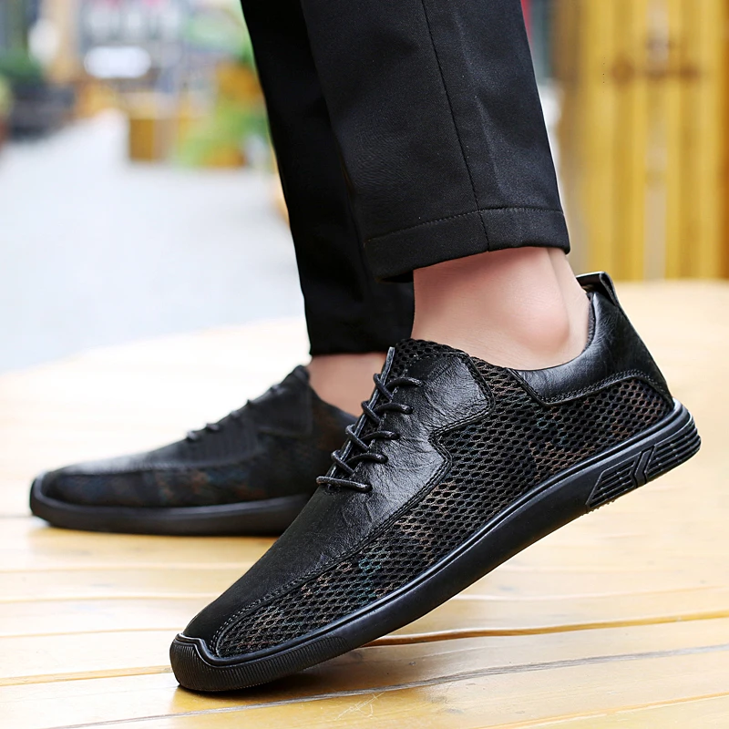 

Genuine leather men's casual breathable mesh shoes Casual lace-up Hollow out shoes comfortable outdoor stroll Hot selling