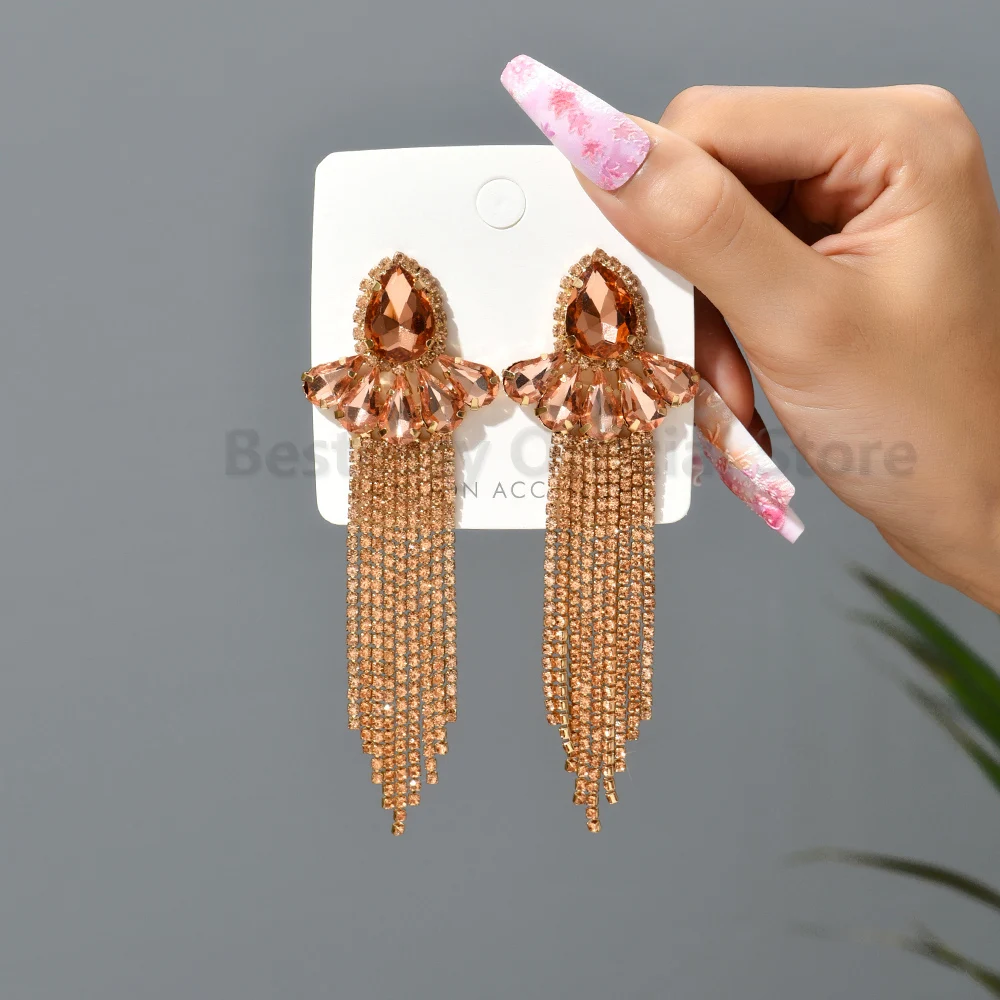 Shiny Inlaid Glass Elegant Alloy Long Tassel Earrings For Women Dinner Party Sexy Skirt Paired Ear Accessories Fashion Jewelry