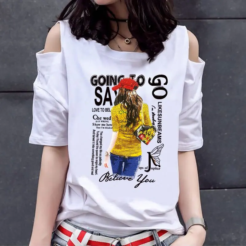 

Commute Off Shoulder Pullovers Female Clothing Stylish Printed Diamonds 2024 Summer Short Sleeve Casual Basic Round Neck T-shirt