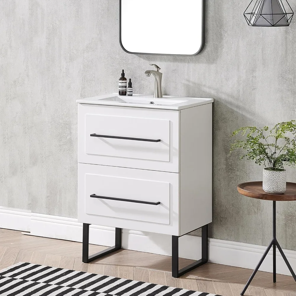 Modern 24 inch Small Bathroom Vanity with Sink,White Bathroom Vanity,Large Bath Sink Vanity Combo Set Bathromm Vanities 2 Drawer