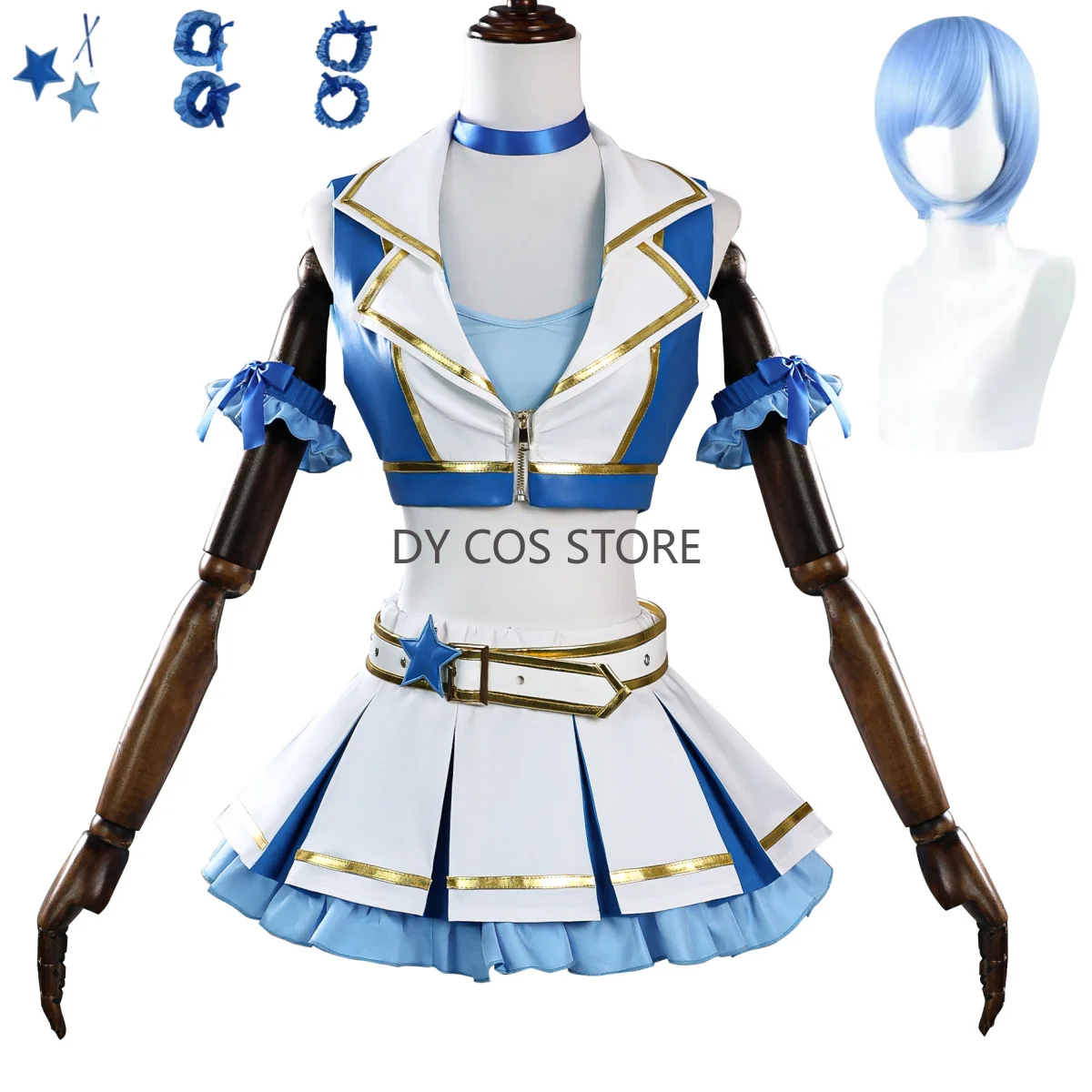 

Anime Re:Life in A Different World From Zero Rem Cosplay Costume Blue White PU Coat Skirt Wig Woman Sexy Cheerleading Team Set