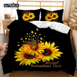 Sunflower Duvet Cover Set Yellow Flower Bedding Set Sunflower Botanical Floral Garden Bloom Print on Black Polyester Quilt Cover