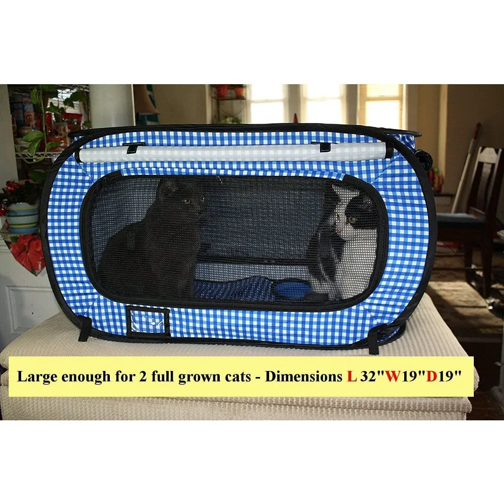 

Extra Large Cat Travel Carrier - Collapsible/Portable Cat Car Cage with Litter Box and Feather Toy - 32" x 19" x 19" - Blue