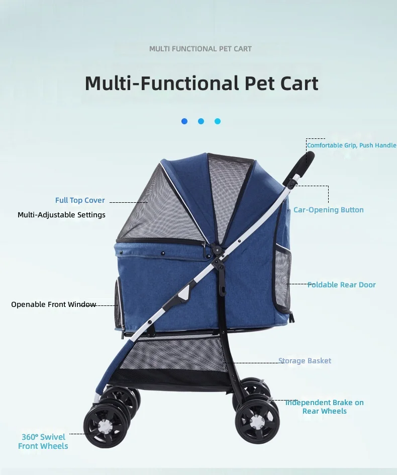 Lightweight Foldable Pet Stroller for Small Dogs and Cats, 4-Wheel Outdoor Travel Carrier, Portable Teddy Dog Cat Stroller