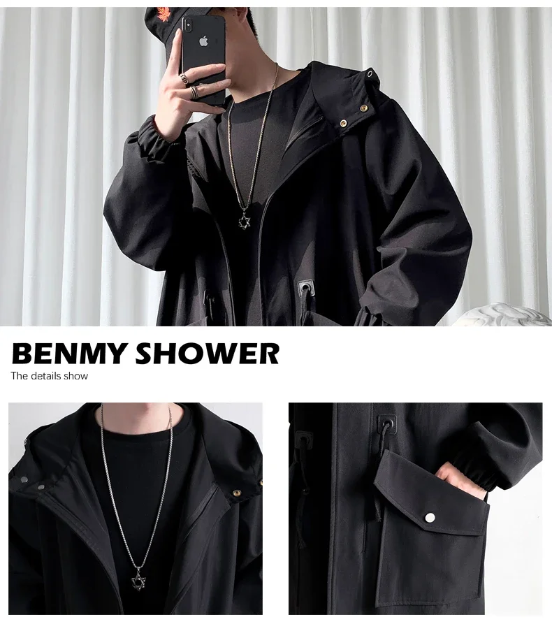 Trenchcoat Herren Neue Mode Armeegrüner Überzieher Männer Casual Windbreaker Einfarbiger Langer Mantel Herren Herbst Homme Schwarz/Khaki/Armeegrün – Detail 3