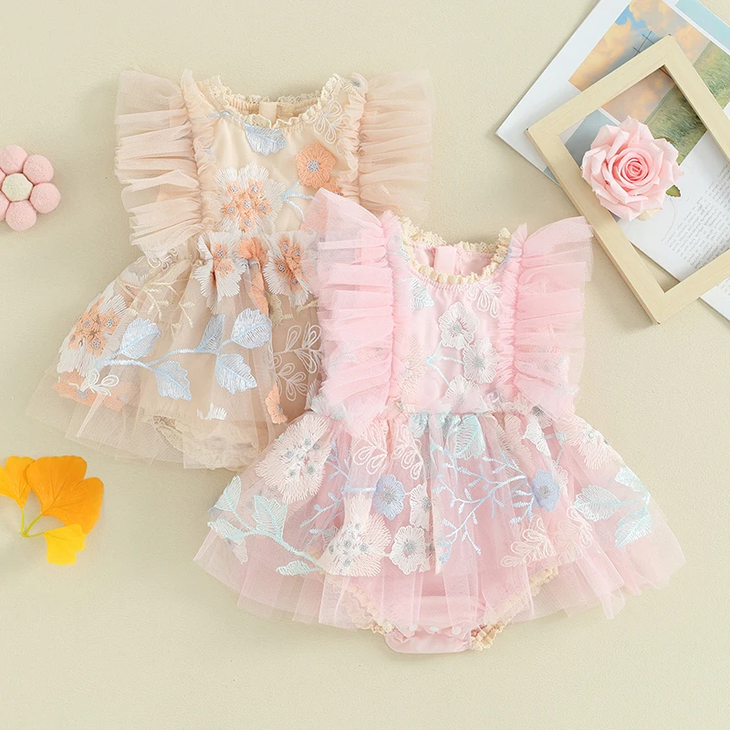 Summer Baby Clothing Girls Romper Dress Ruffle Fly Sleeve Embroidery Flower O-Neck Tulle Mini Dress Infants Girl Clothes