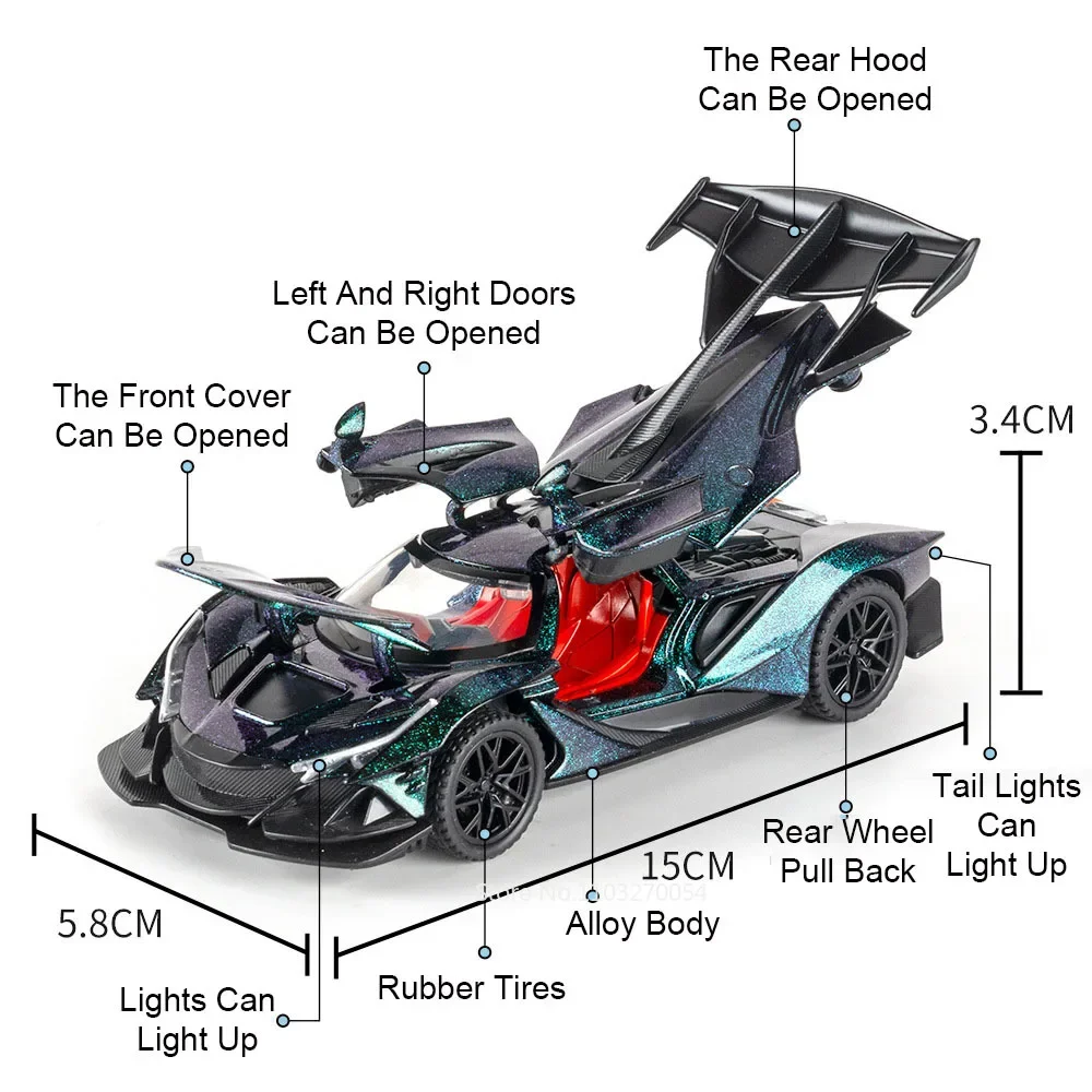 1:32 Alloy Valkyrie Apollo IE Vulcan Diecast Sports Car Toys Model Sound Light Pull Back Doors Opened Miniature Models Gift Kids