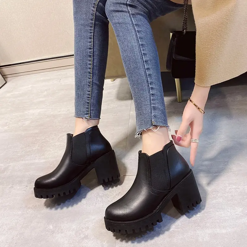 

New Fashion Women's Pumps Shoes Patent Leather Ladies Shoes Female High Heels Solid Color Thick Heel Zapatos Botas Para Mujer