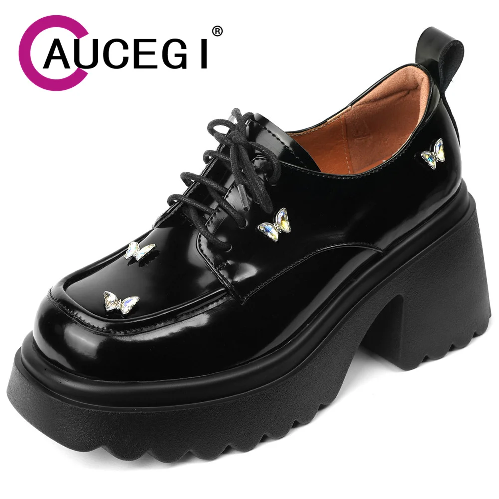 

Aucegi Fashion New Brand Platform Thick Bottom Genuine Leather Pumps Women Lace Up Butterfly Shape Rhinestone Daily Life Shoes