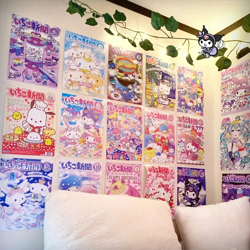 Sanrio Cartoon Hello Kitty Cinnamoroll Baby Monthly Poster Girl Heart Lovely Room Decoration Wall Stickers Student Bedroom Diy