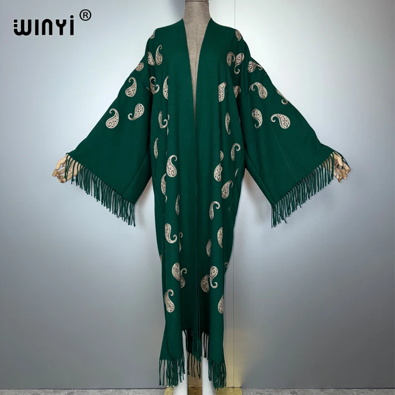 WINYI Winter tassel cardigan Classic Embroidery Long Coat muslim woman dresses robe abaya dubai luxury Middle East Female kimono