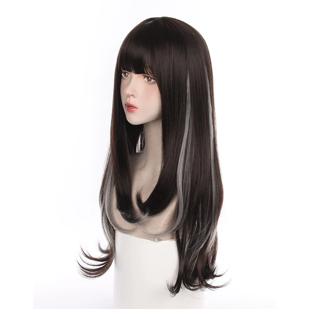 المرأة مقاومة للحرارة طويلة مستقيمة لوليتا نمط أسود أومبير رمادي شعر مستعار مع بانج الاصطناعية للاستخدام اليومي للحفلات التنكرية