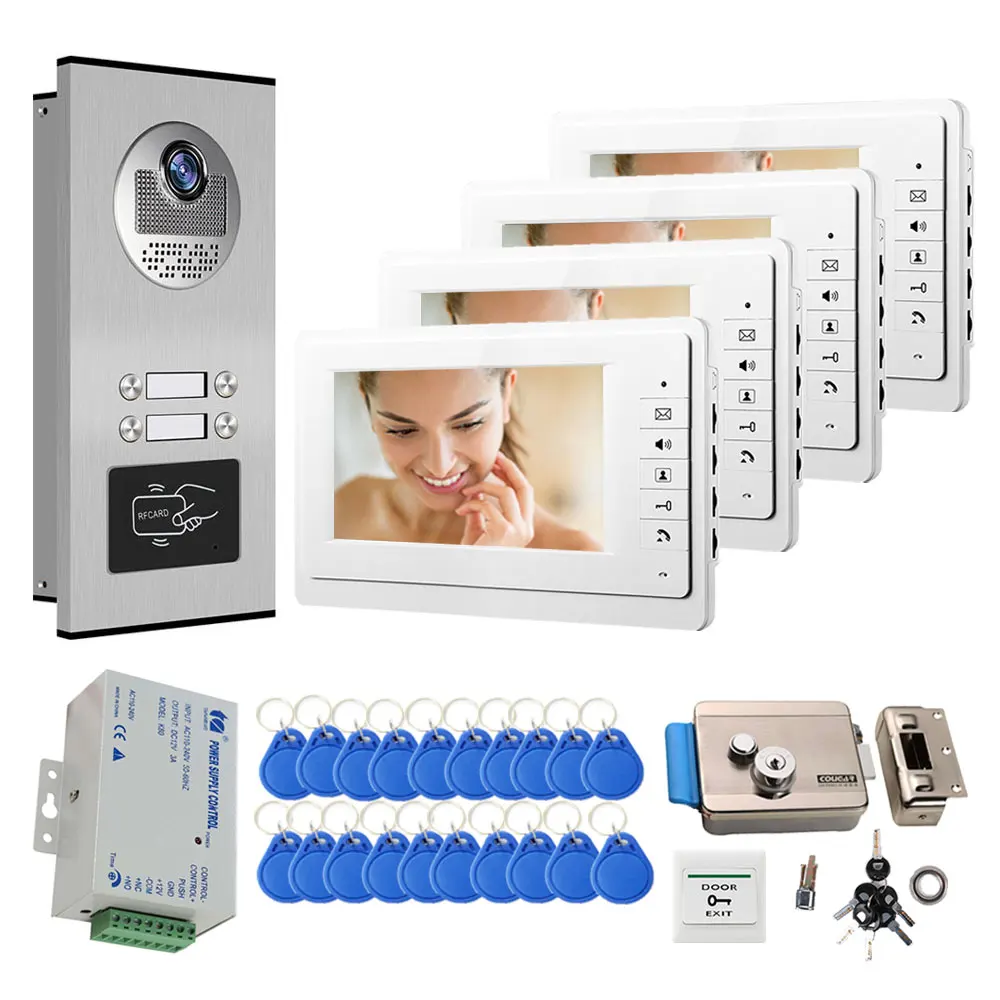 

7 Inch Color Video Door Phone doorbell RFID Access Control Camera System for 2/3/4Unit multi apartments Intercom