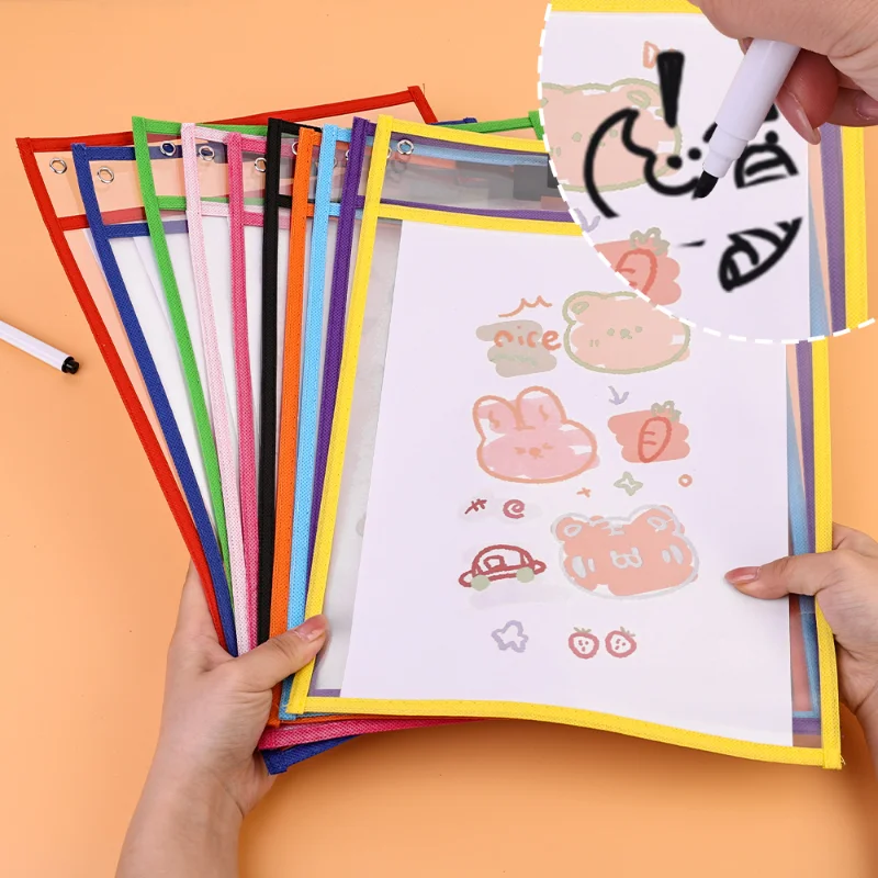 Reusable File Dry Erasable Pockets with Pen Kids Transparent DIY Pockets A4 Letter Hanging PET File Used for Teaching Supplies