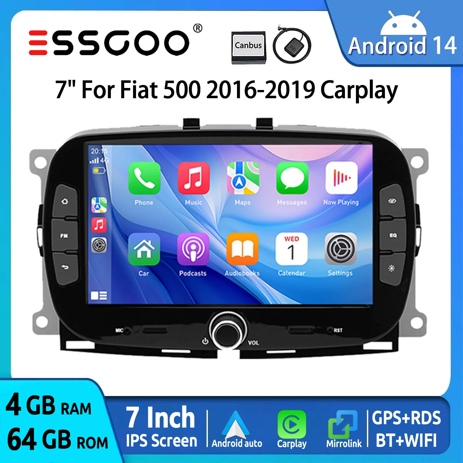 ESSGOO 7 "Android 14 64G Auto Stereo Für FIAT 500 2016-19 Drahtlose CarPlay Android Auto GPS Navi BT FM WIFI SWC RDS Spiegel Link